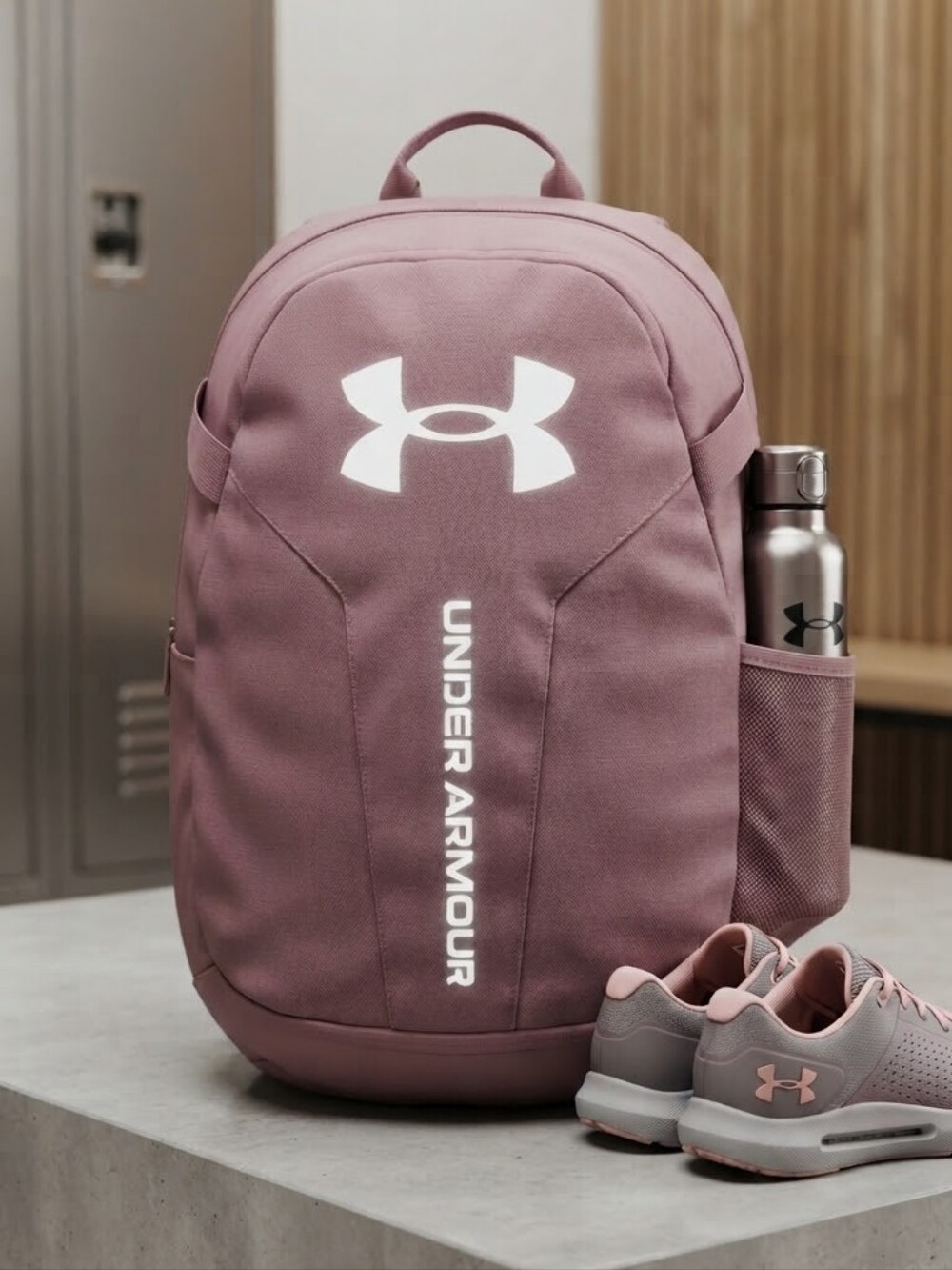 Under Armour Hustle Lite Mauve Pink Vertical Logo Backpack